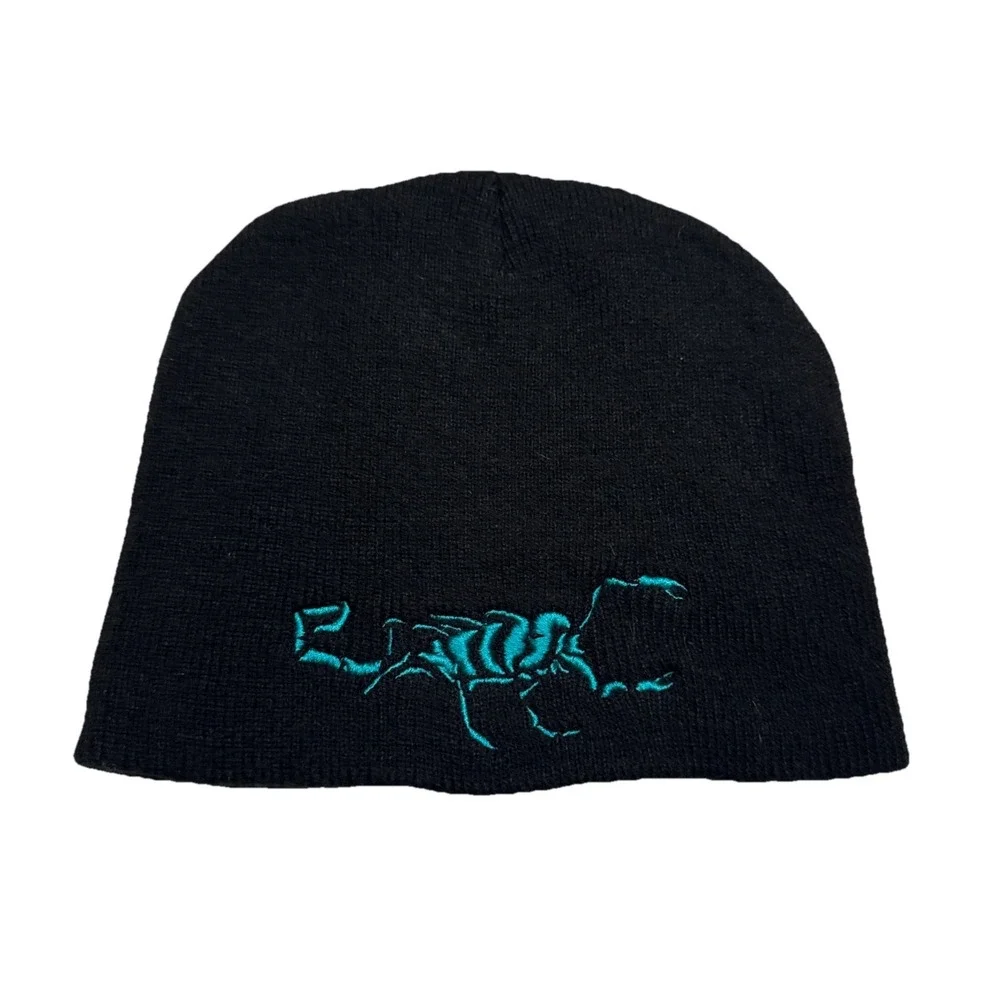 Black Knit Beanie Hat Teal Scorpion Embroidered Skull Cap Winter One Size